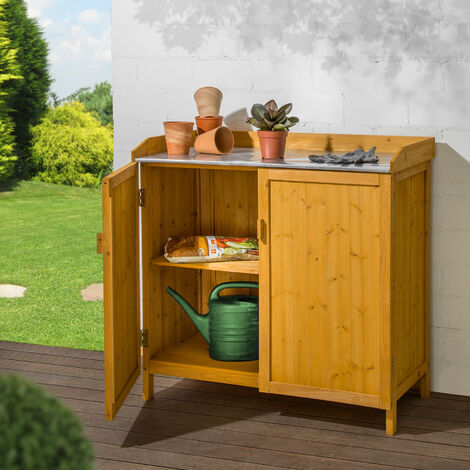 Gardening Bench Vita - wooden with galvanised worktop, divided storage space, 98 x 48 x 95 cm - storage bench, outdoor storage bench, garden storage chest