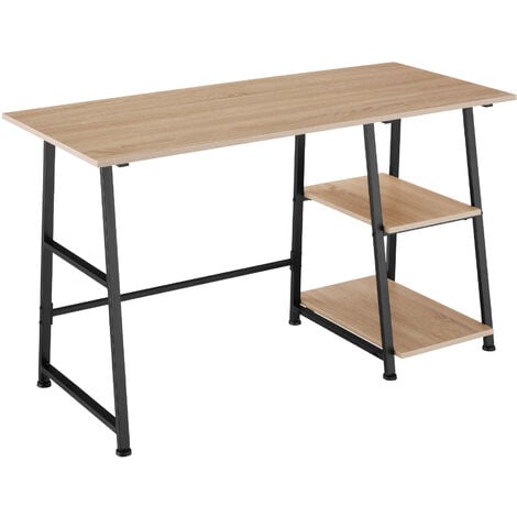 Desk Paisley - trapezoidal frame, shelf with 2 storage compartments - Desk, work table, office table - industrial wood light, oak Sonoma