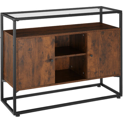 Sideboard Oldham - glass top, open shelves, 2 storage compartments - Sideboard, side cabinet, hall cabinet - Industrial wood dark, rustic