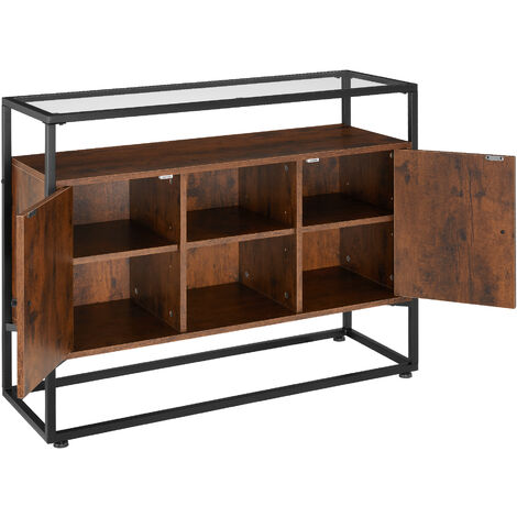 Sideboard Oldham - glass top, open shelves, 2 storage compartments - Sideboard, side cabinet, hall cabinet - Industrial wood dark, rustic