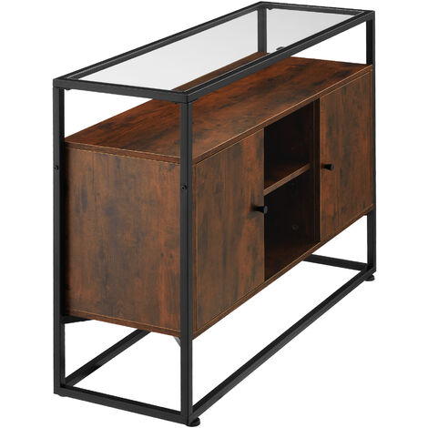 Sideboard Oldham - glass top, open shelves, 2 storage compartments - Sideboard, side cabinet, hall cabinet - Industrial wood dark, rustic