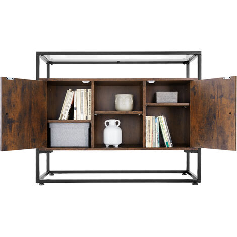 Sideboard Oldham - glass top, open shelves, 2 storage compartments - Sideboard, side cabinet, hall cabinet - Industrial wood dark, rustic