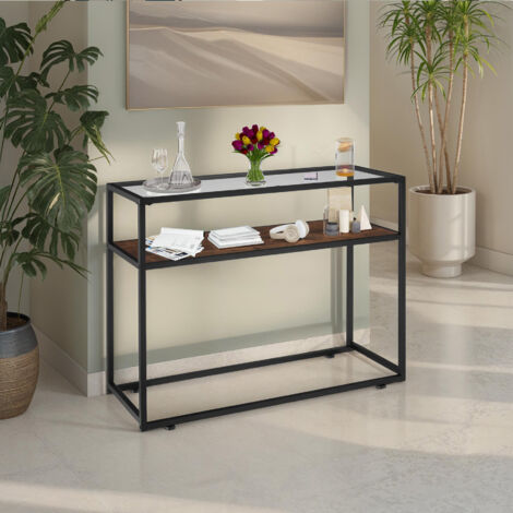 Console Table Kilkenny - 2 shelves, with glass top surface - Console table, console, hall table - Industrial wood dark, rustic