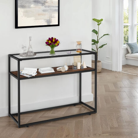 Console Table Kilkenny - 2 shelves, with glass top surface - Console table, console, hall table - Industrial wood dark, rustic