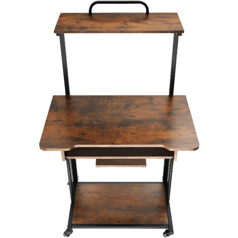 Desk Fife - 3 levels, attachable shelf and keyboard tray, 4 castors - Computer table, computer desk, PC table - Industrial wood dark, rustic