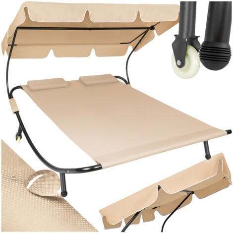 Sun Lounger Livorno - for 2 people, adjustable sunroof, with wheels - double sun lounger, sun lounge bed, garden lounger - black/beige