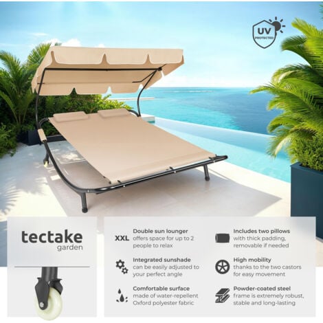 Sun Lounger Livorno - for 2 people, adjustable sunroof, with wheels - double sun lounger, sun lounge bed, garden lounger - black/beige