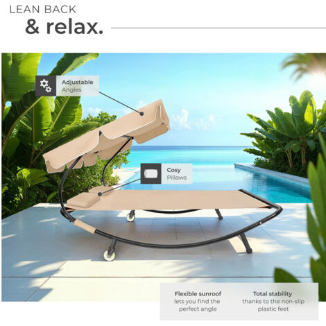 Sun Lounger Livorno - for 2 people, adjustable sunroof, with wheels - double sun lounger, sun lounge bed, garden lounger - black/beige