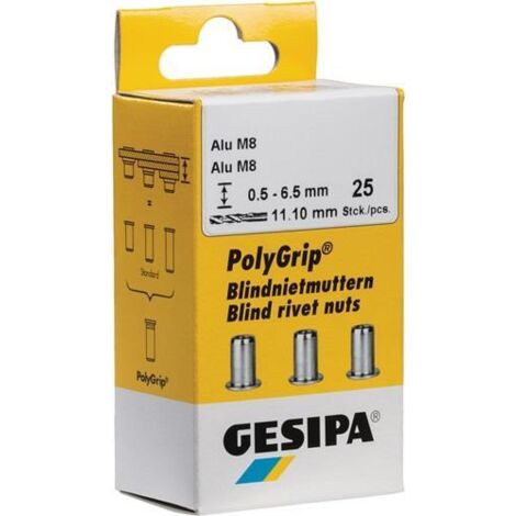 Gesipa Blindnietmutter Aluminium blank, Flachkopf, M 5, 13,5 mm lang, Rundschaft, offen