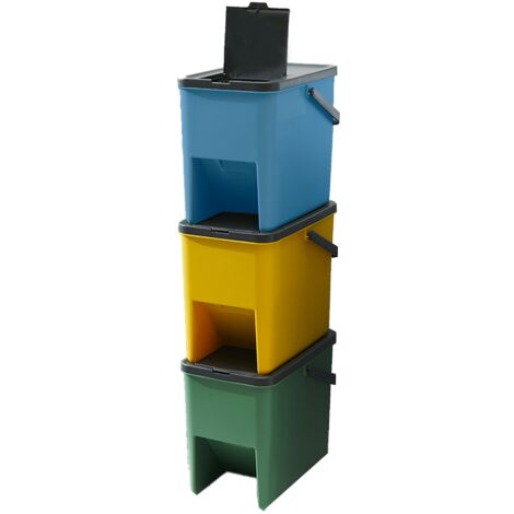 Kitchen Move – Lot de 3 poubelles empilables pour tri sélectif – Plastique gris – Dimensions 25.1 x 37.5 x 31.5 cm – Code couleur pour recyclage