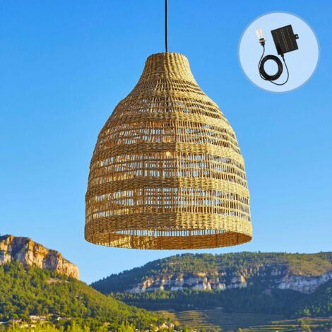 Suspension Solaire Bohème Herbe Marine Suspension Solaire FREYA LONG - Abat-jour Vannerie Herbe Marine - LED Blanc Chaud 80 Lumens - 5m Câble Hybride Suspension Vannerie Herbe Marine
