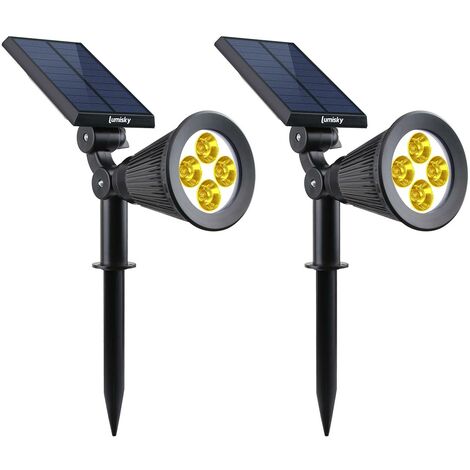 LUMISKY Pack de 2 Spots solaires extérieur étanches - 4 LEDs blanches - 200 Lm - Tete pivotante a 90°C