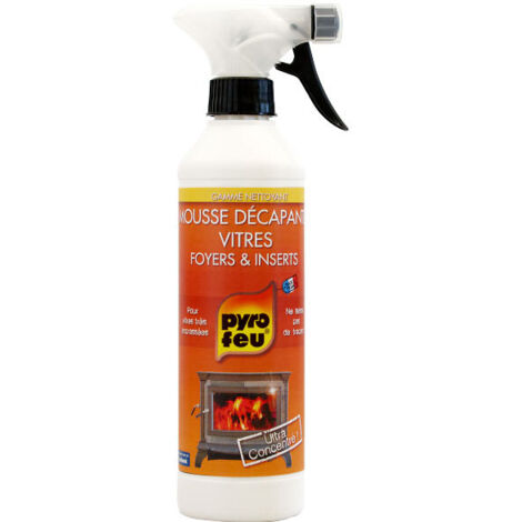 Pyrofeu – Mousse décapante vitres pour foyers et inserts – 500 ml – Élimine goudron et créosote – Vaporisateur avec sécurité enfants