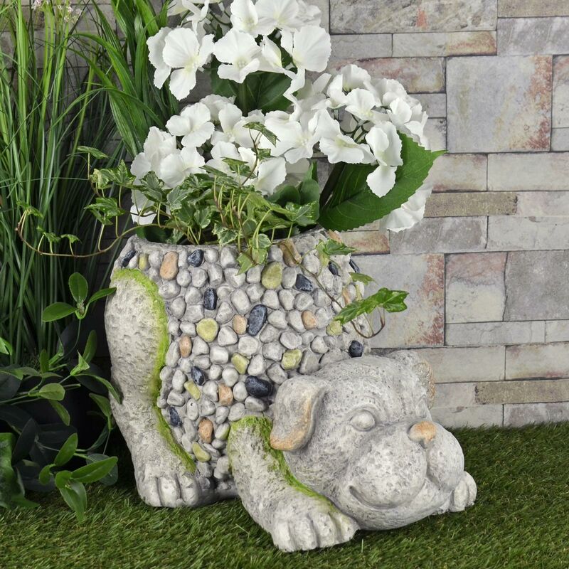 Grey Crouching Dog Patio Garden Planter Flower Pot Puppy Mosaic