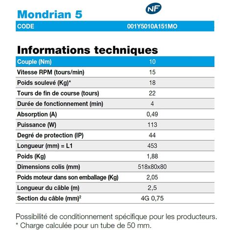 CAME Moteur Mondrian 5 Ø50 10nm 15rpm Filaire