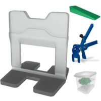 Kronen Hansa Nivelliersystem für Fliesen (Verlegehilfe zum Fliesenlegen, Starter Set für 2 mm Fugenbreite, 100 Zuglaschen, 100 Keile, Zange, Fliesenstärke 3-12 mm, praktisches Set im Eimer)