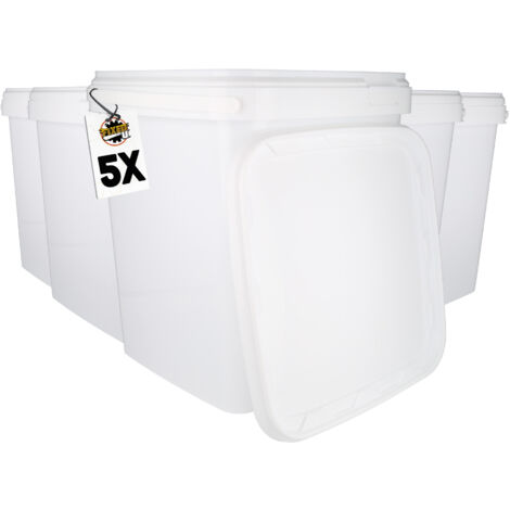 5 Seau en plastique avec couvercle, PP, carré, blanc, qualité alimentaire 10,8 L