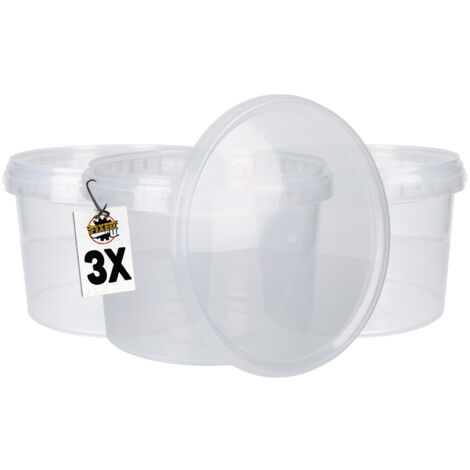 3 seaux en plastique avec couvercle, poignée en plastique,PP, rond,3 litres, qualité alimentaire Transparent