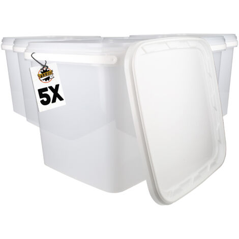 5x Seau en plastique avec couvercle, PP, carré, blanc, qualité alimentaire 8,8 L