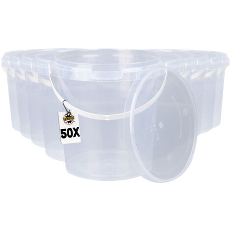 50x seau en plastique avec couvercle, PP, rond, transparent 0,98 L