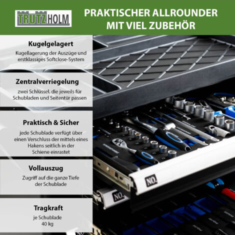 Werkstattwagen BUDDY bestückt Chrome Vanadium Werkzeug 6 Schubladen Vollauszug Seitentür