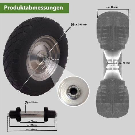 Produktbild von TRUTZHOLM 2er-Pack Schubkarrenrad Pannensicher – Vollgummi 4.80/4.00-8 (390x90 Mm) Mit Achse – Traglast 200 Kg, Kugellager, Stollenprofil