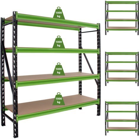 4x Industrieregal Milo 200x190x60cm steckbar, erweiterbar 4 Ebenen 4 Tonnen Schwerlastregal Regal