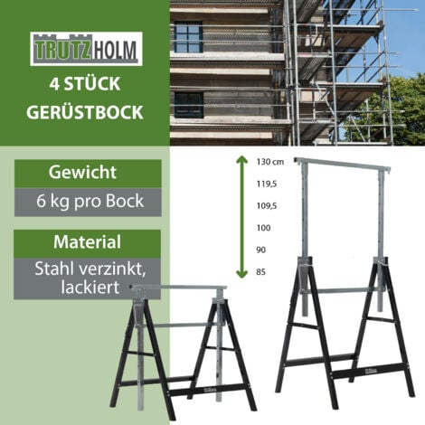 4 x Arbeitsbock 7-fach höhenverstellbar bis 800 kg Stahl lackiert schwarz Klappbock Gerüstbock