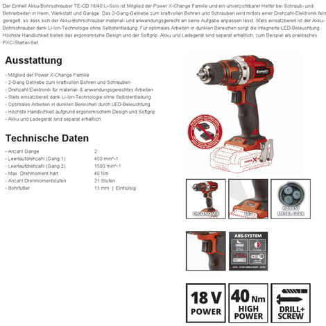 Li Bohrschrauber TE-CD Kit Akku Starter + 2.0 Ah Ladegerät und Einhell 18/40