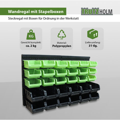 Wandregal grün mit Stapelboxen inkl. Schütten 32 tlg.