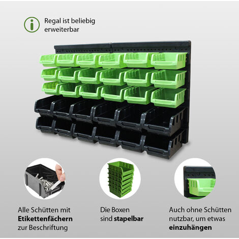 Wandregal grün mit Stapelboxen inkl. Schütten 32 tlg.