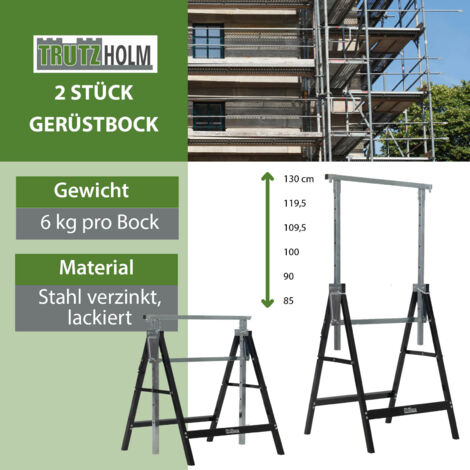 2 x Arbeitsbock 7-fach höhenverstellbar bis 400 kg Stahl lackiert schwarz Klappbock Gerüstbock