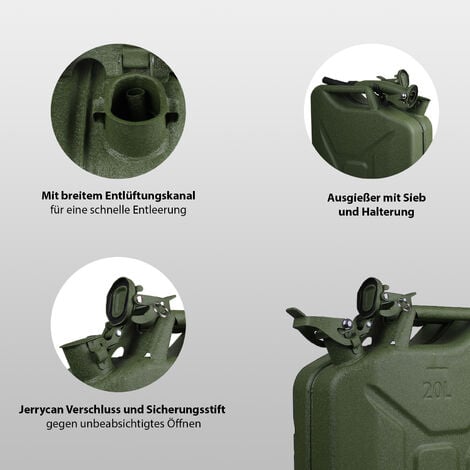 TRUTZHOLM 3x Benzinkanister Dieselkanister 20l Metall Kraftstoffkanister +  Ausgießer mit Halter Oliv Hammerschlag