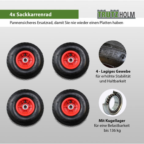 4x Sackkarrenrad 260 x 85 mm 3.00-4 Bollerwagenrad, Luftrad, Ersatzrad, 4PR