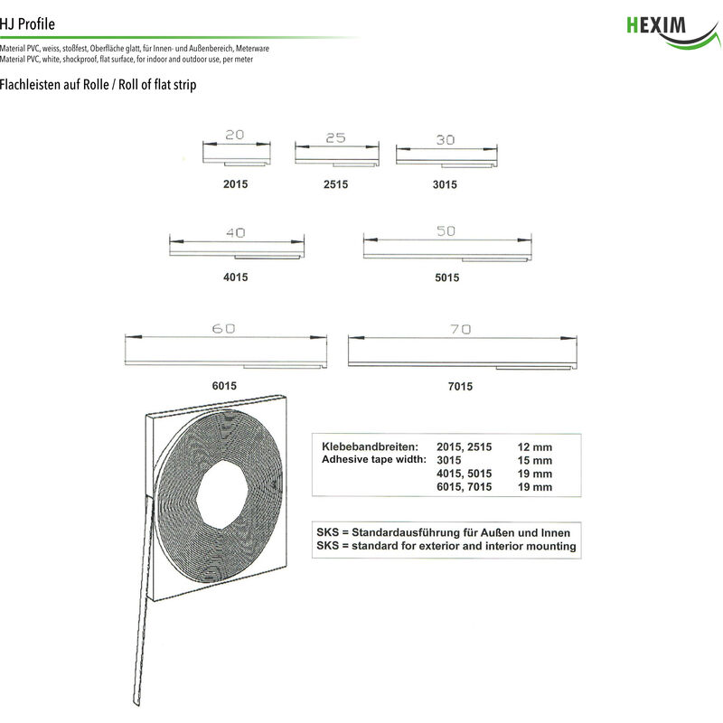 Flachleisten PVC weiß 2m - Standard 3mm, Auswahl Weichlippe & selbstklebend  - HJ | HEXIM