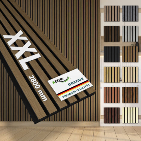 HEXIM Akustikpaneele 280x30cm Wandpaneele Grande Lamellen 0,85m² XXL Holzpaneel Wand 21mm Holz Filz: Smoked Oak, 1 Paneel - 0.854m²