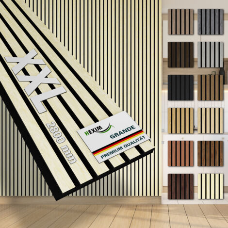 HEXIM Akustikpaneele 280x30cm Wandpaneele Grande Lamellen 0,85m² XXL Holzpaneel Wand 21mm Holz Filz: Light Ash, 4 Paneele - 3.374m²