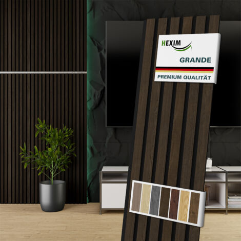 HEXIM Akustikpaneele 140x30cm Wandpaneele Grande Lamellen 0,42m² Holzpaneel Wand 21mm Holz Filz: Dark Smoked Oak, 6 Paneele - 2.518m²