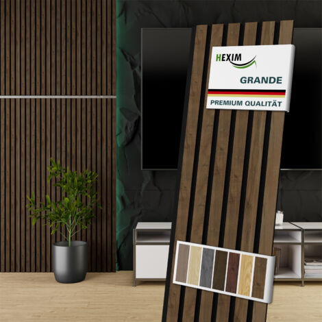 HEXIM Akustikpaneele 140x30cm Wandpaneele Grande Lamellen 0,42m² Holzpaneel Wand 21mm Holz Filz: Light Walnut, 2 Paneele - 0.844m²