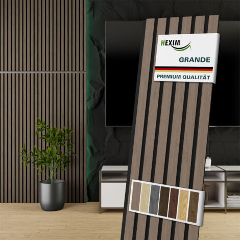 HEXIM Akustikpaneele 140x30cm Wandpaneele Grande Lamellen 0,42m² Holzpaneel Wand 21mm Holz Filz: American Walnut, 10 Paneele - 4.192m²
