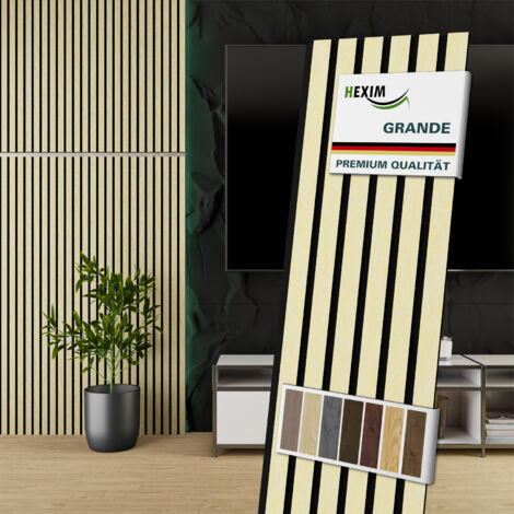 HEXIM Akustikpaneele 140x30cm Wandpaneele Grande Lamellen 0,42m² Holzpaneel Wand 21mm Holz Filz: Light Ash, 4 Paneele - 1.681m²