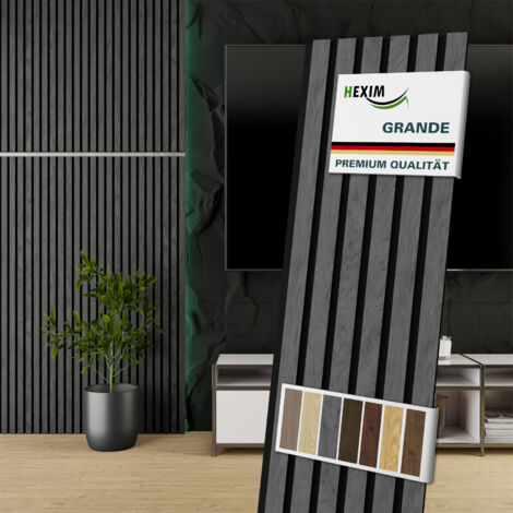 HEXIM Akustikpaneele 140x30cm Wandpaneele Grande Lamellen 0,42m² Holzpaneel Wand 21mm Holz Filz: Grey Ash, 4 Paneele - 1.681m²