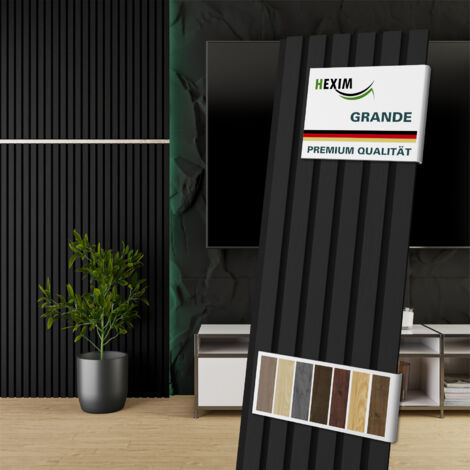 HEXIM Akustikpaneele 140x30cm Wandpaneele Grande Lamellen 0,42m² Holzpaneel Wand 21mm Holz Filz: Black Ash, 10 Paneele - 4.192m²