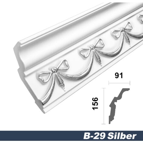 Stuckleisten silber gemustert, EPS Styropor formfest, Marbet Deckenleisten  Serie-B: B-29 silber / 91x156mm, 2 Meter /