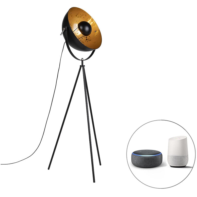 QAZQA Diseño Smart vloerlamp tripod zwart incl. Wifi A60 - Magna 40 Eglip Acero Esfera /Redonda Adecuado para LED Max. 1 x 7 Watt