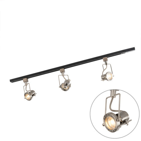QAZQA + Moderno Sistema de riel con 3 focos monofásicos negro con acero - Suplux Acero Alargada Adecuado para LED Max. 3 x 50 Watt