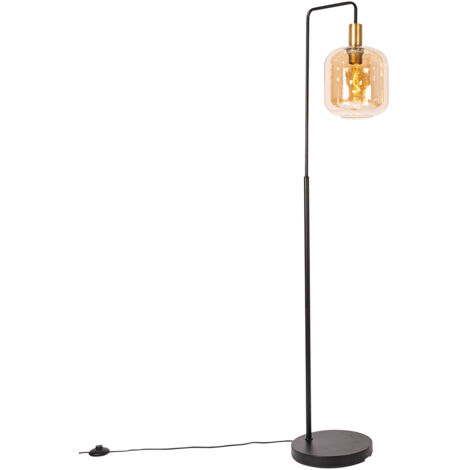 QAZQA Diseño Lámpara de pie inteligente negra con latón y cristal ámbar con WiFi G95 - Zuzanna Vidrio /Acero Esfera Adecuado para LED Max. 1 x 7 Watt