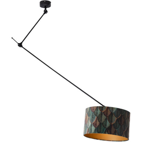 QAZQA Clásico/Antiguo Lámpara colgante negra con pantalla de terciopelo con diseño de hojas e interior dorado 40/40/40 - Blitz Acero /Terciopelo /Textil Redonda Adecuado para LED Max. 1 x 60 Watt (1/2)