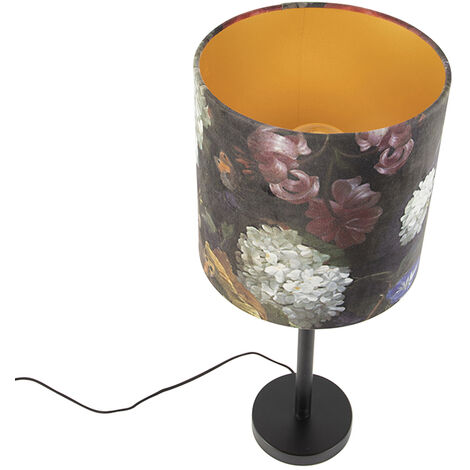 Lámpara mesa negra pantalla flores 25cm ajustable - PARTE
