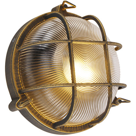 QAZQA Industrial Lámpara de pared y techo dorada/latón redonda IP44 - Noutica Aluminio /Vidrio Redonda Adecuado para LED Max. 1 x 60 Watt